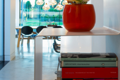 Floating shelves with books and plants